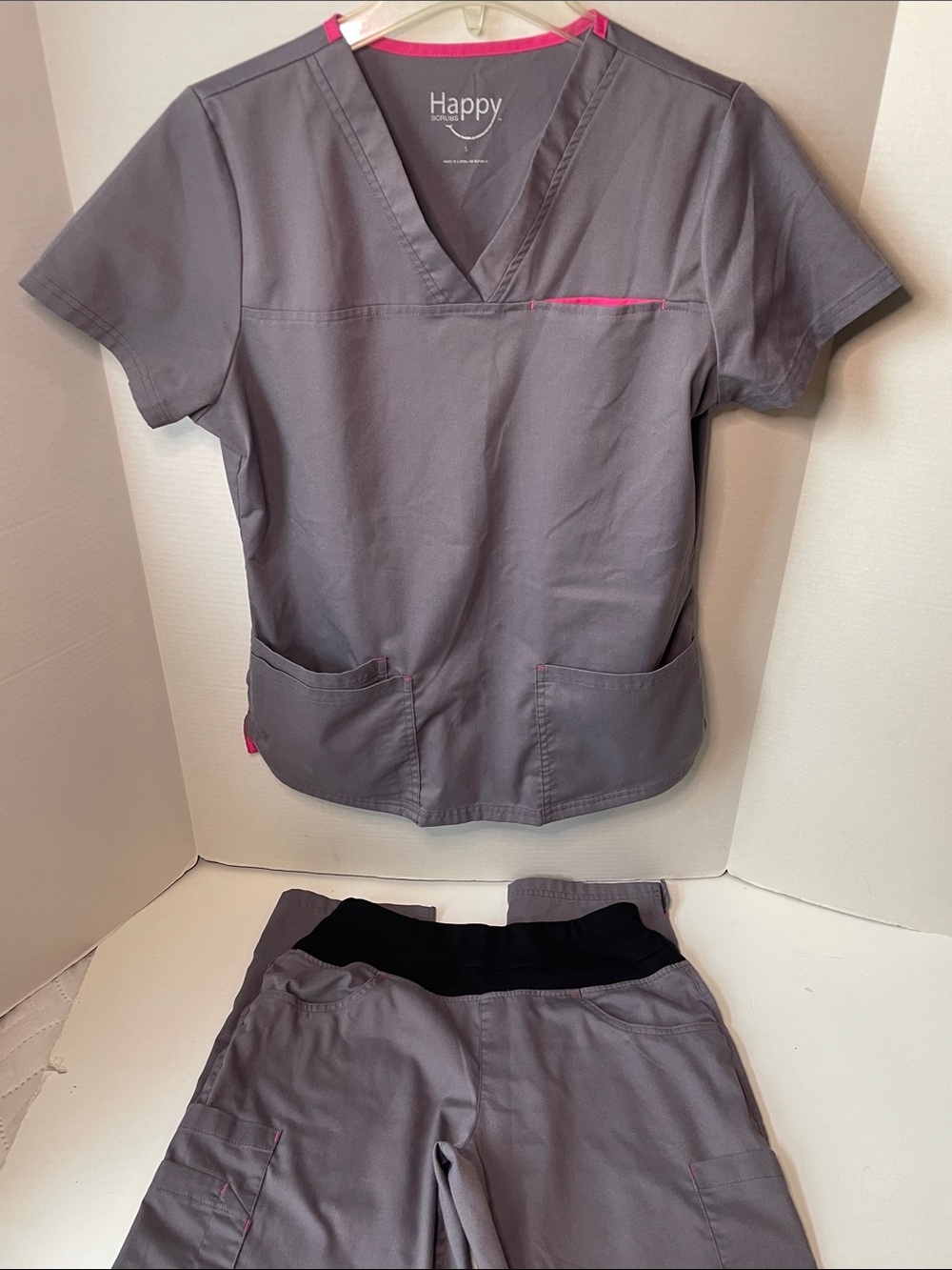 Happy Women's Size Small Scrubs Gray Scrub Set with Pink Trim
